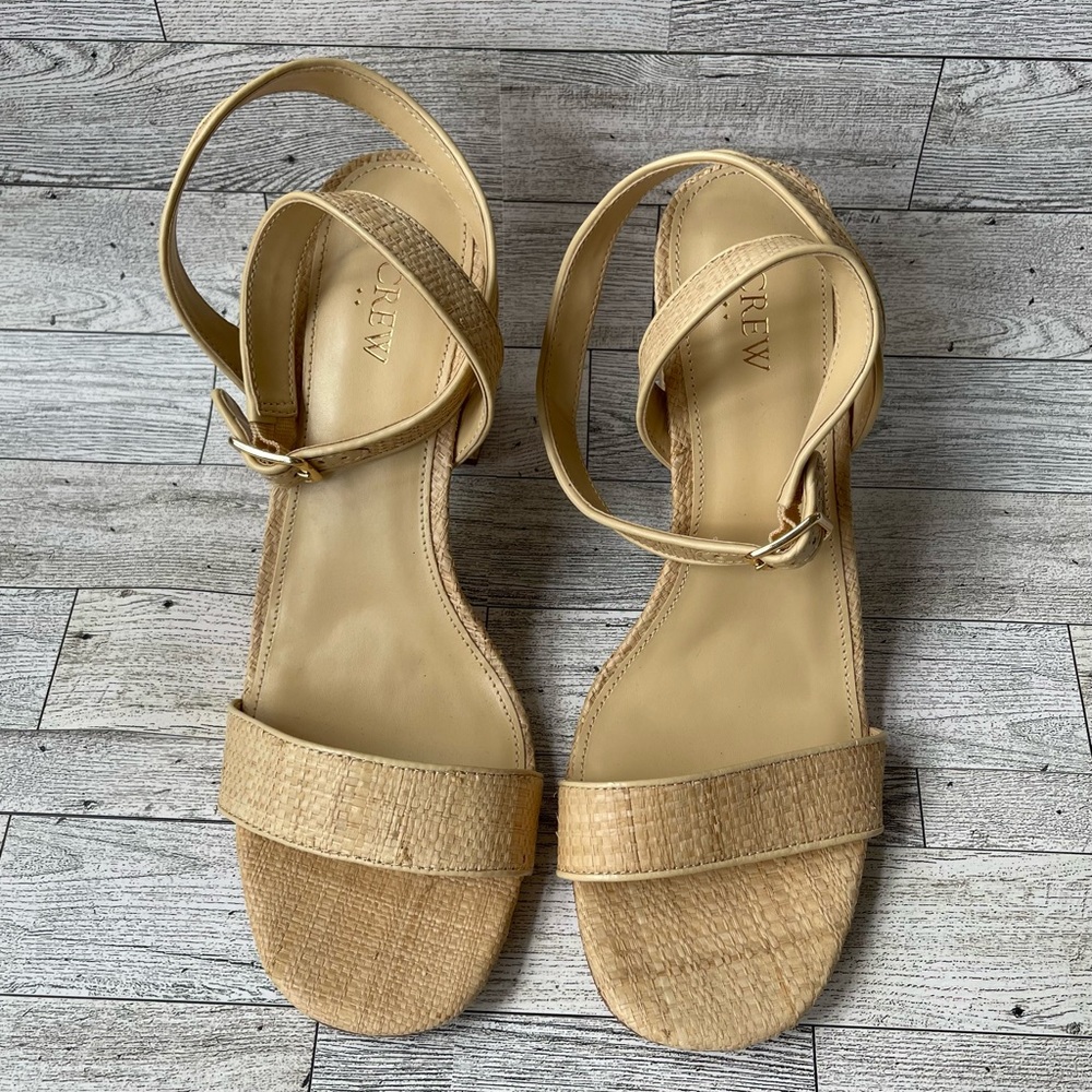J. Crew Shoes Women’s 12 Tan Raffia Peep Toe Block Heels BN863 - Barely Worn!